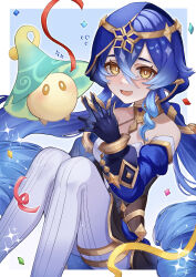 Rule 34 | 1girl, :d, absurdres, bare shoulders, blue background, blue hair, blue hood, blue sleeves, blue veil, blush, border, breasts, bright pupils, claw ring, colored tips, drill hair, drill sidelocks, flying sweatdrops, fungi (genshin impact), genshin impact, gold choker, gradient hair, hands up, highres, hood, hood up, jewelry, layla (genshin impact), medium breasts, mokankan, multicolored hair, neck ring, open mouth, outside border, pantyhose, pointy ears, ringlets, sidelocks, smile, solo, sparkle, steepled fingers, streamers, thighlet, twin drills, white border, white pantyhose, yellow eyes