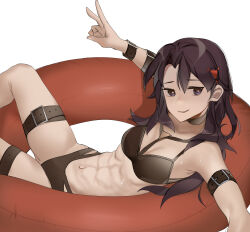 Rule 34 | 1girl, abs, absurdres, afloat, bare arms, bare shoulders, belt, breasts, brown hair, choker, commission, commissioner upload, dusk (wayanfa), hair ornament, highres, lamota, long hair, lying, multiple belts, non-web source, original, purple eyes, relaxing, small breasts, smug, swim ring, swimsuit, thighs, v, wet, white background