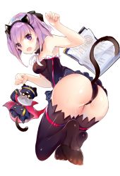 Rule 34 | 1girl, animal ears, annoyed, ass, bare shoulders, blush, book, breasts, cat ears, cat tail, dress, fake animal ears, fangs, fate/grand order, fate (series), from behind, hairband, helena blavatsky (fate), highres, itohime, leotard, looking at viewer, medium breasts, open mouth, paw pose, purple eyes, purple hair, shiny skin, short dress, short hair, solo, sweat, tail, thighhighs