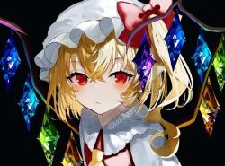 Rule 34 | 1girl, ascot, black background, blonde hair, bow, expressionless, flandre scarlet, hat, jacket, looking at viewer, mob cap, rainbow wings, red bow, red eyes, red jacket, sakizaki saki-p, shirt, short hair, solo, touhou, white hat, white shirt, yellow ascot
