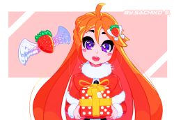 Rule 34 | 1girl, ahoge, artist name, blush stickers, bow, box, celeste (video game), christmas, food, food-themed hair ornament, fruit, gift, gift box, hair ornament, holding, holding gift, long hair, looking at viewer, madeline (celeste), open mouth, orange hair, purple eyes, sachiko shirayuki, santa costume, strawberry, strawberry hair ornament, tagme, twintails, wings, yellow bow