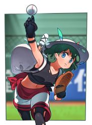 Rule 34 | 1girl, backpack, bag, baseball, baseball glove, black gloves, black hair, black pantyhose, blue eyes, commentary request, gloves, grass, hair between eyes, hat, hat feather, helmet, highres, kaban (kemono friends), kemono friends, midriff, nishiki kazue, pantyhose, pitcher&#039;s mound, pith helmet, red shirt, shirt, short hair, shorts, solo, torn clothes, torn pantyhose, wavy hair