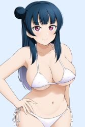 Rule 34 | 1girl, alternate breast size, bare shoulders, barkhorn0331, bikini, blue background, blue hair, blush, breasts, cleavage, closed mouth, covered erect nipples, hair bun, hand on own hip, highres, large breasts, long hair, looking at viewer, love live!, love live! sunshine!!, navel, pink eyes, simple background, smile, solo, standing, swimsuit, tsushima yoshiko, white bikini