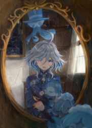 Rule 34 | 1girl, ahoge, animal, animal hug, blue eyes, blue hair, blue jacket, broken glass, colored inner hair, commentary request, crying, furina (genshin impact), genshin impact, glass, highres, indoors, jacket, long sleeves, looking at mirror, mirror, multicolored hair, open mouth, reflection, short hair, solo, streaked hair, suke omi