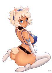 Rule 34 | 1girl, animal ears, ass, bad id, bad tumblr id, bikini, bikini top only, blue bikini, body freckles, boots, bottomless, breasts, bunny and fox world, cleavage, covered erect nipples, elbow gloves, freckles, gloves, highres, large breasts, looking at viewer, optionaltypo, original, rabbit ears, rabbit tail, shephira (cert), short hair, simple background, sitting, smile, solo, swimsuit, tail, thigh boots, thighhighs, wariza, white background, white gloves, white hair, white thighhighs