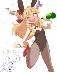 Rule 34 | 1girl, animal ears, ario, bottle, rabbit ears, rabbit tail, playboy bunny, female focus, flat chest, high heels, horns, ibuki suika, jimmy lightning, one eye closed, open mouth, pantyhose, peggle, shoes, sketch, solo, tail, touhou, translation request, wink, wrist cuffs