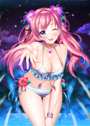 Rule 34 | 1girl, ;d, aile (crossroads), bare legs, bare shoulders, barefoot, bikini, blue bikini, blue eyes, bracelet, breasts, cleavage, cloud, flower, hair flower, hair ornament, hand on own knee, jewelry, kaku-san-sei million arthur, long hair, looking at viewer, million arthur (series), navel, necklace, night, ocean, official art, one eye closed, open mouth, outstretched hand, palm tree, pink hair, sky, smile, solo, standing, star (sky), starry sky, swimsuit, thigh gap, tree, twintails