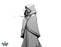 Rule 34 | 1girl, cloak, closed mouth, commentary, copyright name, covered eyes, english commentary, greyscale, hicham habchi, highres, hood, hood up, hooded cloak, league of legends, long hair, monochrome, official alternate costume, official art, ruined king: a league of legends story, solo, soraka (league of legends), standing, white background