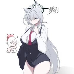 Rule 34 | 2girls, animal ear fluff, animal ears, black vest, blue archive, blue eyes, blush, breasts, closed mouth, collared shirt, cosplay, dark halo, extra ears, grey hair, halo, highres, jahe (73732258), korean commentary, korean text, large breasts, long hair, long sleeves, mismatched pupils, multiple girls, mutsuki (blue archive), mutsuki (blue archive) (cosplay), mutsuki (suit) (blue archive), necktie, red halo, red necktie, shiroko (blue archive), shiroko terror (blue archive), shirt, simple background, thought bubble, vest, white background, white shirt, wolf ears