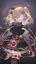 Rule 34 | 1girl, absurdres, akai haato, akai haato (gothic lolita), aqua eyes, blonde hair, brown thighhighs, cowboy shot, dress, eyepatch, hair between eyes, hands up, highres, hololive, long sleeves, looking at viewer, lser116, medium hair, one eye covered, open mouth, solo, thighhighs, twintails, v, virtual youtuber