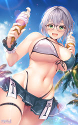 Rule 34 | 1girl, :d, bikini, black-framed eyewear, blue sky, breasts, cameltoe, covered erect nipples, cowboy shot, day, food, front-tie bikini top, front-tie top, glasses, green eyes, highres, holding, holding food, hololive, hozumi kaoru, huge breasts, ice cream, ice cream cone, light rays, looking at viewer, navel, open mouth, outdoors, palm tree, shirogane noel, shirogane noel (summer 2020), skirt, sky, smile, solo, standing, sunlight, swimsuit, tree, virtual youtuber, water, white hair, wrist cuffs