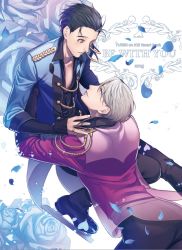 Rule 34 | 10s, 2boys, amg (nwmnmllf), black hair, blue eyes, blue rose, brown eyes, cover, cover page, epaulettes, eye contact, flower, hair slicked back, ice skates, jewelry, katsuki yuuri, lifting person, looking at another, male focus, multiple boys, petals, ring, rose, silver hair, skates, smile, viktor nikiforov, yaoi, yuri!!! on ice
