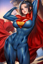 Rule 34 | 1girl, arms behind head, black hair, blue bodysuit, blue eyes, blurry, blurry background, bodysuit, breasts, cape, covered abs, covered navel, cowboy shot, dc comics, highres, large breasts, multicolored bodysuit, multicolored clothes, muscular, muscular female, neoartcore, paid reward available, patreon username, red cape, short hair, solo, supergirl, superhero costume, superman (series), superman logo, turtleneck bodysuit