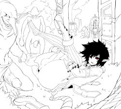 Rule 34 | 00s, 4boys, anus, ass, black hair, bottomless, dungeon and fighter, gaping, goblin, huge penis, interspecies, male focus, male mage (dungeon and fighter), monochrome, monster, multiple boys, outdoors, penis, red eyes, spot color, tagme, undressing, yaoi