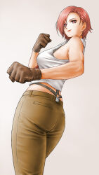 Rule 34 | 1girl, ass, bare shoulders, black bra, bra, breasts, brown gloves, brown pants, clenched hands, collared shirt, cowboy shot, crop top, fighting stance, from behind, gloves, hair over one eye, highres, looking at viewer, looking back, medium breasts, midriff, necktie, pants, parted bangs, red eyes, red hair, red necktie, shirt, short hair, sleeveless, sleeveless shirt, smile, solo, suspenders, the king of fighters, toned, underwear, vanessa (kof), white shirt, x chitch