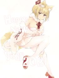 Rule 34 | 1girl, animal ears, bare shoulders, blunt bangs, blush, bow, bowtie, breasts, cleavage, closed mouth, dress, flower, flower fairy, fur-trimmed collar, fur collar, fur trim, hair flower, hair ornament, happy new year, looking at viewer, misinkojou, monster girl, neri (flower fairy), new year, red bow, red bowtie, red footwear, rose, short hair, smile, tail, white dress