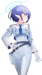 Rule 34 | 1girl, aoi (blue archive), belt, blue archive, blue eyes, blue hair, blue necktie, blush, breasts, collared jacket, cropped jacket, gloves, halo, hand on own hip, high-waist pants, highres, holstered, hoshi umi, jacket, looking to the side, loose belt, necktie, pants, pointy ears, short hair, simple background, small breasts, solo, white background, white gloves, white jacket, white pants