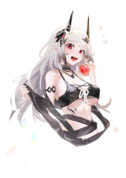Rule 34 | 1girl, absurdres, apple, arknights, bikini, bitten apple, black bikini, black sash, blush, breasts, chinese commentary, cleavage, covered erect nipples, cropped torso, demon horns, drooling, eyelashes, flower, food, food bite, fruit, furrowed brow, hair flower, hair ornament, highres, holding, holding food, holding fruit, horns, infection monitor (arknights), jewelry, large breasts, long hair, looking at viewer, material growth, mudrock (arknights), mudrock (silent night) (arknights), necklace, official alternate costume, open mouth, oripathy lesion (arknights), pointy ears, red eyes, saliva, saliva trail, sash, silver hair, simple background, solo, sweatdrop, swimsuit, upper body, white background, zhudouzi