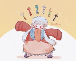 Rule 34 | 1other, bib, chef hat, colored skin, dress, final fantasy, final fantasy ix, fork, full body, hanaon, hat, highres, jacket, long dress, long sleeves, looking at viewer, outstretched arms, pink dress, quina quen, red jacket, sleeves past fingers, sleeves past wrists, smile, solo, standing, tongue, tongue out, twitter username, two-tone background, white background, white skin, yellow background