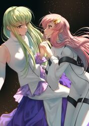 Rule 34 | 2girls, absurdres, ass, blue eyes, breasts, budgiepon, c.c., code geass, company connection, dress, green hair, gundam, gundam seed, hair ornament, highres, holding hands, interlocked fingers, lacus clyne, long hair, long sleeves, looking at another, multiple girls, pink hair, smile, sunrise (company), very long hair, yellow eyes