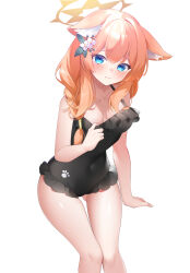 Rule 34 | 1girl, absurdres, animal ear fluff, animal ears, aoitsuki, black one-piece swimsuit, blue archive, blue eyes, blush, braid, breasts, cat ears, clothes pull, commentary request, covered navel, flower, frilled one-piece swimsuit, frills, hair flower, hair ornament, hair over shoulder, hair tie, halo, highres, long hair, looking at viewer, mari (blue archive), medium breasts, one-piece swimsuit, one-piece swimsuit pull, orange hair, partial commentary, paw print, pulling own clothes, simple background, single braid, solo, swimsuit, thigh gap, white background