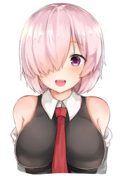 Rule 34 | 1girl, :d, bare shoulders, blush, breasts, collared dress, dress, fate/grand order, fate (series), hair over one eye, large breasts, long hair, looking at viewer, mash kyrielight, necktie, noa yj, off shoulder, open mouth, pink hair, purple eyes, red necktie, simple background, sleeveless, sleeveless dress, smile, solo, teeth, upper teeth only, white background