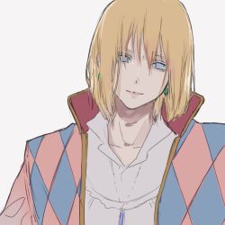 Rule 34 | 1boy, blonde hair, blue eyes, closed mouth, earrings, highres, howl (howl no ugoku shiro), howl no ugoku shiro, jewelry, looking at viewer, male focus, necklace, simple background, smile, solo