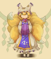 Rule 34 | 1girl, animal ears, blonde hair, closed mouth, dress, fox ears, fox tail, full body, hands in opposite sleeves, hat, highres, mob cap, multiple tails, onionmay, short hair, simple background, sleeves past fingers, sleeves past wrists, socks, solo, tail, touhou, white dress, white hat, white socks, wide sleeves, yakumo ran, yellow background, yellow eyes