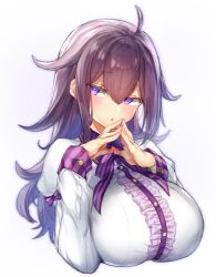 Rule 34 | 1girl, breasts, chestnut mouth, dot nose, genderswap, hair between eyes, haruto (pokoten), head tilt, large breasts, long hair, long sleeves, matching hair/eyes, original, pokoten (pokoten718), purple eyes, purple hair, solo, taut clothes, upper body, white background