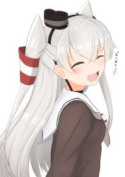 Rule 34 | 1girl, absurdres, amatsukaze (kancolle), bad id, bad twitter id, brown dress, commentary request, dress, closed eyes, facing viewer, hair tubes, highres, himenagi yuuki, kantai collection, long hair, open mouth, round teeth, sailor collar, sailor dress, silver hair, simple background, smile, solo, teeth, two side up, upper body, upper teeth only, white background, white sailor collar
