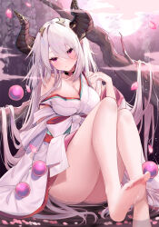 Rule 34 | 1girl, barefoot, black horns, breasts, cleavage, duel monster, hair between eyes, hecha (01964237), highres, horns, japanese clothes, kimono, large breasts, legs, long hair, looking at viewer, off shoulder, partially submerged, petals, purple eyes, red blossoms from underroot, sitting, soles, solo, thighs, toenails, toes, very long hair, water, wet, white hair, white kimono, yu-gi-oh!