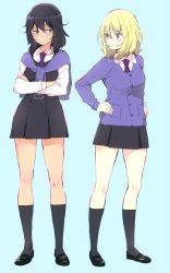 Rule 34 | 10s, 2girls, andou (girls und panzer), bad id, bad pixiv id, bc freedom school uniform, black footwear, black skirt, black socks, black vest, blue background, blue jacket, blue neckwear, blush, closed mouth, commentary request, crossed arms, diagonal stripes, dress shirt, ebi (eeemimn), frown, full body, girls und panzer, hands on own hips, jacket, jacket around neck, kneehighs, long sleeves, looking at another, mary janes, medium hair, miniskirt, multicolored necktie, multicolored neckwear, multiple girls, necktie, oshida (girls und panzer), pleated skirt, red neckwear, school uniform, shirt, shoes, side-by-side, skirt, socks, standing, striped, vest, white shirt, wing collar