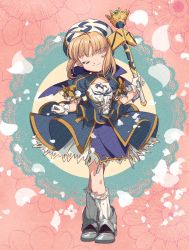 Rule 34 | 1girl, adapted costume, ahoge, artoria pendragon (fate), blonde hair, bow, cardcaptor sakura, closed mouth, doily, closed eyes, fate/stay night, fate (series), floral background, gloves, hat, crossed legs, magical girl, noko morokoshi, parody, petals, pink background, puffy short sleeves, puffy sleeves, saber (fate), short sleeves, sidelocks, solo, wand, white gloves, white legwear, yellow bow