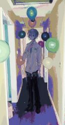 Rule 34 | 1boy, 21scorpii, balloon, black footwear, black pants, blue hair, blue necktie, character request, closed mouth, collared shirt, commentary, doorway, expressionless, full body, hallway, hand on own hip, handkerchief, hashtag-only commentary, indoors, light switch, long sleeves, looking at viewer, male focus, multicolored hair, necktie, pants, pocket, project sekai, red eyes, shirt, shoes, short hair, solo, streaked hair, white shirt