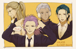 Rule 34 | 4boys, black necktie, black sclera, black suit, blonde hair, candy, character request, charles contini, collared shirt, colored sclera, cropped torso, domina blowelive, earmuffs, eyepatch, facial mark, food, formal, green hair, hands up, kenny clark, levi rosequartz, lollipop, long hair, mashle, multiple boys, nadachimachi (user nven5788), necktie, pink hair, shirt, speech bubble, suit, upper body, white hair