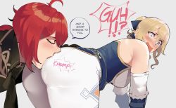 Rule 34 | + +, 1boy, 1girl, ass, ass focus, bare shoulders, biting, blonde hair, blue eyes, blush, bow, breasts, detached sleeves, diluc (genshin impact), genshin impact, hair between eyes, hair bow, hetero, highres, huge ass, jean (genshin impact), jean (gunnhildr&#039;s legacy) (genshin impact), long hair, nyantcha, open mouth, ponytail, red hair, sidelocks, surprised, thick thighs, thighs, wide-eyed