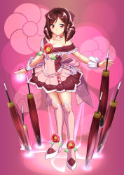 Rule 34 | 1girl, anchor, blush, boots, bow, brown hair, dated, dress, drill hair, floral background, full body, gradient background, hair bow, hair ornament, harukaze (kancolle), heartcatch precure!, high heel boots, high heels, high ponytail, kantai collection, kneehighs, long hair, looking at viewer, moke ro, oil-paper umbrella, open mouth, outstretched arm, pink background, pink dress, pink socks, precure, purple eyes, red bow, red eyes, red footwear, red hair, short sleeves, smile, socks, solo, thigh boots, thighhighs, twin drills, twitter username, umbrella, very long hair