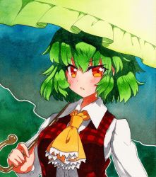 Rule 34 | 1girl, ascot, bad id, bad pixiv id, blush, breasts, buttons, collar, collared shirt, green background, hair between eyes, hand up, kazami yuuka, long sleeves, looking at viewer, medium breasts, open clothes, open mouth, open vest, plaid, plaid vest, qqqrinkappp, red eyes, red vest, shikishi, shirt, short hair, simple background, solo, touhou, traditional media, umbrella, upper body, vest, white shirt, white sleeves, yellow ascot