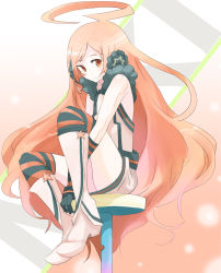 Rule 34 | 1girl, ahoge, belt, boots, dress, gloves, headphones, highres, kneehighs, long hair, multicolored clothes, multicolored legwear, orange eyes, orange hair, red eyes, red hair, sf-a2 miki, sitting, smile, socks, solo, star (symbol), stool, striped clothes, striped gloves, striped socks, striped thighhighs, tansuke, thighhighs, very long hair, vocaloid, wrist cuffs