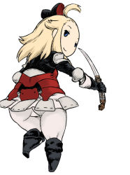 Rule 34 | 1girl, ahoge, armor, ass, bad id, bad pixiv id, blonde hair, blue eyes, blush stickers, boots, bow, bravely default: flying fairy, bravely default (series), chibi, edea lee, faulds, from behind, hair bow, knee boots, long hair, pantyhose, short sleeves, solo, tsukudani (coke-buta)