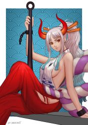 Rule 34 | 1girl, aqua hair, arm support, arm up, border, breasts, chain, closed mouth, club, club (weapon), crossed legs, cuffs, curled horns, earrings, from side, gradient horns, grey hair, hair ornament, hair stick, hakama, hakama pants, high ponytail, highres, hip vent, holding, holding weapon, horns, japanese clothes, jewelry, jibri art, kanabou, kimono, knee up, large breasts, leaning back, light smile, lips, long hair, looking at viewer, multicolored hair, multicolored horns, one piece, oni, orange eyes, orange horns, outside border, pants, raised eyebrow, red hakama, red horns, rope, shackles, sideboob, sleeveless, sleeveless kimono, solo, twitter username, very long hair, weapon, white border, yamato (one piece)