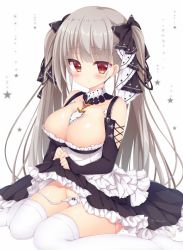 Rule 34 | 1girl, azur lane, bare shoulders, between breasts, black bow, black dress, blush, bow, breasts, cleavage, closed mouth, clothes lift, collarbone, commentary request, detached collar, dress, dress lift, formidable (azur lane), frilled dress, frills, grey hair, groin, hair bow, large breasts, lifted by self, long hair, long sleeves, looking at viewer, no shoes, panties, picpicgram, red eyes, side-tie panties, sitting, solo, thighhighs, twintails, underwear, very long hair, wariza, white panties, white thighhighs
