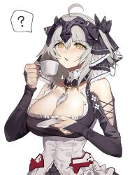 Rule 34 | 1girl, ?, ahoge, azur lane, bare shoulders, between breasts, black dress, blush, breasts, cleavage, cosplay, cup, dress, fate/apocrypha, fate/grand order, fate (series), formidable (azur lane), formidable (azur lane) (cosplay), frilled dress, frills, grey hair, hair ribbon, headpiece, holding, holding cup, holding saucer, jeanne d&#039;arc (fate), jeanne d&#039;arc (ruler) (fate), jeanne d&#039;arc alter (avenger) (fate), jeanne d&#039;arc alter (fate), large breasts, long hair, long sleeves, looking at viewer, nail polish, open mouth, ribbon, saucer, short hair, simple background, solo, spoken question mark, suou-sensei, teacup, two-tone dress, two-tone ribbon, upper body, very long hair, white background, yellow eyes