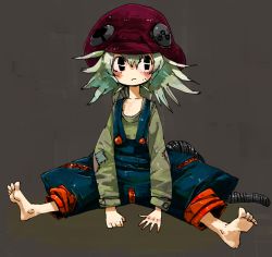 Rule 34 | androgynous, aqua hair, arm support, barefoot, black eyes, child, gender request, hat, original, overalls, patch, raichiyo, short hair, sitting, solo, spiked hair, spread legs, suspenders