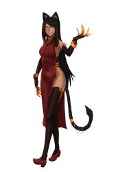 Rule 34 | 1girl, absurdres, animal ears, bastet (vagabonds), black gloves, black hair, black thighhighs, bracelet, cat ears, cat tail, china dress, chinese clothes, claws, covered navel, dark-skinned female, dark skin, dress, elbow gloves, full body, gloves, highres, jewelry, less, long hair, looking at viewer, no bra, no panties, original, red dress, ring, shoes, side slit, simple background, smirk, solo, tail, tail ornament, tail ring, thighhighs, very long hair, white background, yellow eyes