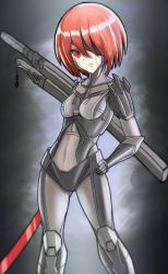 Rule 34 | 1girl, breasts, commentary, comystro, contrapposto, cyborg, english commentary, eyepatch, hand on own hip, highres, looking at viewer, metal gear (series), metal gear rising: revengeance, original, red eyes, red hair, sheath, short hair, simple background, small breasts, solo, standing, sword, weapon