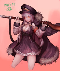 Rule 34 | 1girl, aiguillette, armband, belt, black hat, blush, bolt action, boots, breasts, buckle, cleavage, clothing cutout, coat, cropped legs, cross, dress, fur-trimmed coat, fur trim, girls&#039; frontline, gun, hair between eyes, hara, hat, highres, holding, holding gun, holding weapon, iron cross, jacket, jacket on shoulders, kar98k (girls&#039; frontline), long hair, long sleeves, looking at viewer, mauser 98, medium breasts, orange eyes, peaked cap, rifle, shoulder cutout, sidelocks, signature, simple background, smile, solo, thighhighs, very long hair, waving, weapon, white hair, wide sleeves