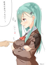 Rule 34 | 10s, 1girl, :o, ?, artist name, ascot, blush, breast hold, breast poke, breasts, brown eyes, brown jacket, byte (allbyte), collared shirt, commentary, crossed arms, from side, green hair, hair ornament, hairclip, heart, highres, jacket, kantai collection, long hair, long sleeves, motion lines, parted lips, poking, profile, red ribbon, ribbon, shirt, solo focus, suzuya (kancolle), sweatdrop, text focus, thought bubble, translated, trembling, upper body, white shirt
