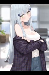 Rule 34 | 1girl, absurdres, blue hair, blue pants, blush, breasts, cleavage, closed mouth, crossed arms, denim, girls&#039; frontline, green eyes, highres, hk416 (girls&#039; frontline), jeans, long hair, looking at viewer, medium breasts, pants, seorang, shirt, solo, standing, white shirt