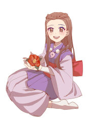 Rule 34 | 1girl, :d, absurdres, ace attorney, bead necklace, beads, blush, braid, brown eyes, brown hair, crown braid, flower, flower request, highres, holding, holding flower, iris (ace attorney), japanese clothes, jewelry, kimono, layered sleeves, long hair, long sleeves, magatama, necklace, obi, open mouth, purple kimono, red flower, red sash, sash, shocho (shaojiujiu), short kimono, short over long sleeves, short sleeves, simple background, sitting, smile, socks, solo, twin braids, white background, white socks